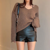 fall outfits aesthetic American-Style Retro Brown Curling Split V-neck Sweater Basic Loose Lazy Casual Pullover Knitted Top Autumn
