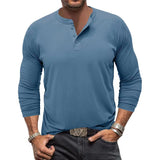 Men's Round Neck Solid Color Fashion Button Long-Sleeved T-shirt Henry Shirt Casual Sports Bottoming Shirt Men