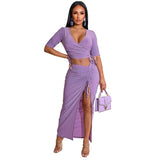 frat outfits Pleated V-neck T-shirt High Slit Drawstring Skirt Fashion Two-Piece Set
