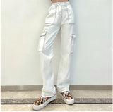 college outfits Women's Street Fashion Multi-Pocket Workwear Straight Trousers High Waist Slimming Loose Khaki Jeans for Women