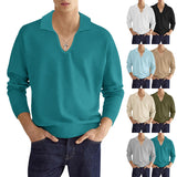 Lapel V-neck Men's Casual Fit Long Sleeve Waffle T-shirt Autumn Bottoming Men's Clothing