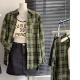 grunge outfits Women's White and Green Plaid Shirt, Large Loose Plaid Coat for Spring and Summer