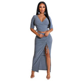 frat outfits Pleated V-neck T-shirt High Slit Drawstring Skirt Fashion Two-Piece Set