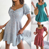 Nukty Summer Floral Print Dress Women Ruffle Square Collar Back Lace-up Sundress Boho A Line Beach Party Dress