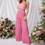 Summer High Waist Slimming Trousers Women Solid Color Sequins Fashion Casual Wide Leg Pants Women