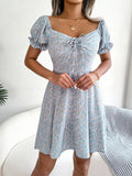 Nukty Summer Floral Print Dress Women Ruffle Square Collar Back Lace-up Sundress Boho A Line Beach Party Dress
