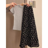 teacher outfits 2024 Black Floral Skirt Women's Summer High Waist Midi Skirt A- Line Skirt Temperament Short Sleeve T-shirt Two-Piece Suit