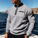 Winter Fleece-lined Stand Collar Half Zipper Sweater Men's Casual Color Matching Pocket Loose Casual Men's Sweater