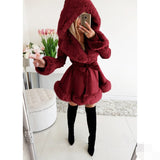Women's Long-Sleeved Warm Solid Color Lace-up Belt Fur Stitching Ruffled Hooded Jacket