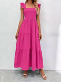 Nukty Summer New Women's Dress Temperament Commuter Ruffled Waist Solid Color Puff Sleeve High Waist Skirt Woman Dress