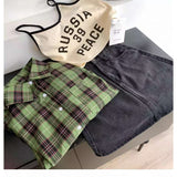 grunge outfits Women's White and Green Plaid Shirt, Large Loose Plaid Coat for Spring and Summer