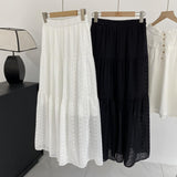 Boho Elegant White Long Skirt Women Hook Flower Hollow Folds Hem High-waisted Skirts Casual Holiday Female Clothes