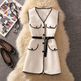 barn jacket outfits Spring Contrast Color Woolen Vest Mid-Length Suit Women's Half Turtleneck Sweater Sweater Western Style Two-Piece Set