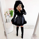 Women's Long-Sleeved Warm Solid Color Lace-up Belt Fur Stitching Ruffled Hooded Jacket