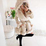 Women's Long-Sleeved Warm Solid Color Lace-up Belt Fur Stitching Ruffled Hooded Jacket
