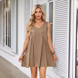 Nukty 2024 Women's Clothing Spring and Summer New V-neck Sleeveless Pleated Vest Pocket Dress