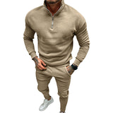 Men's Autumn and Winter Suit Men's Solid Color Leisure Sports Fleece-lined Zipper Stand Collar Two-Piece Set
