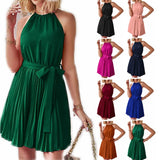 Women's Amazon New Halter Lace-up Sleeveless Pleated Mini Dress