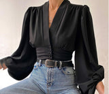 discover style ideas 2024 Popular Spring New Elegant Button V-neck Lantern Sleeve Top Shirt