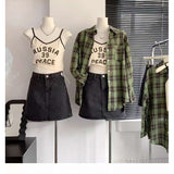 grunge outfits Women's White and Green Plaid Shirt, Large Loose Plaid Coat for Spring and Summer