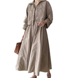 church outfit Chic Autumn Retro Elegant Drawstring Waist Strap Dress + Loose All-Match Long Sleeve Short Coat for Women