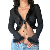 y2k outfits Fashionable Autumn Sexy Women's Top New Furry Lace-up Pit Cardigan Short V-neck Slim Top