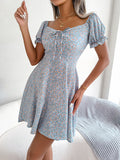 Nukty Summer Floral Print Dress Women Ruffle Square Collar Back Lace-up Sundress Boho A Line Beach Party Dress