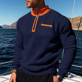 Winter Fleece-lined Stand Collar Half Zipper Sweater Men's Casual Color Matching Pocket Loose Casual Men's Sweater