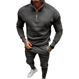 Men's Autumn and Winter Suit Men's Solid Color Leisure Sports Fleece-lined Zipper Stand Collar Two-Piece Set