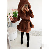Women's Long-Sleeved Warm Solid Color Lace-up Belt Fur Stitching Ruffled Hooded Jacket