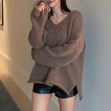 fall outfits aesthetic American-Style Retro Brown Curling Split V-neck Sweater Basic Loose Lazy Casual Pullover Knitted Top Autumn