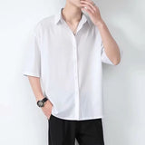 guy outfits Ice Silk Shirt Men's Short-Sleeved Summer Fashion Brand Men's Casual Jacket High-Grade Ruan Handsome Half-Sleeve Black Shirt