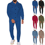 Plus Size Fashion Suit Trendy Men's Autumn Button Suede Casual Jacket Pants 2-Piece Set