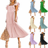 Nukty Women's Clothing Flying Sleeve Square Neck Off-shoulder Pleated Hem Dress