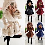 Women's Long-Sleeved Warm Solid Color Lace-up Belt Fur Stitching Ruffled Hooded Jacket
