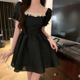 2000s fashion Holiday Photography French Style Backless Bow Skirt Square Collar Puff Sleeve Dress Tight Waist Small Fluffy Skirt
