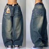 Nukty New American Harajuku Retro Straight High Waist Y2K Street Style Women Washed Blue Pockets Baggy Jeans Gothic Wide Pants