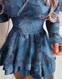 Nukty Autumn Winter Spring New Fashion Casual Sexy Dresses for Women Elegant Denim Look Print Shirred Dress Female Clothing