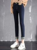 Nukty Oversized Slim Velvet Lined Jeans Pencil Pants Winter Women Plush Stretch Vaqueros Trousers Mid Waist Thicken Warm Denim Spodnie