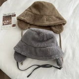 Nukty Korean New Ear Protection Bucket Hats for Women Autumn and Winter Travel Versatile Warm Retro Solid Color Plush Men's Caps