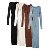 Nukty New Women Long Sleeve O-neck Knitted Dress Stretchable Slim 4 Colors Autumn Winter Round neck geometric knitted long skirt