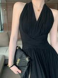 Nukty Elegant Backless Sexy Club Pleated Vest Long Dresses Women Black High Waist Beige V Nec Vacation Slim Party Evening Dress Summer