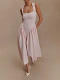 Nukty Women Fashion Pink Pleated Hem Maxi Dress Elegant Square Neck High Waist Long Robes Summer New Elegant High Streetwear