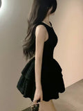 Nukty Y2K Sweet Black Mini Dress for Women Elegant O-Neck Sleeveless Birthday Party Short Dresses Slim Waist Vestidos Female Clothing