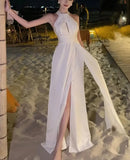 Nukty DRESS TO IMPRESS Elegant Sexy Backless Solid Long Dress Birthday Evening Party Halter Designer White Robe Summer Women Fashion Wedding Vestidos