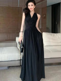 Nukty Elegant Backless Sexy Club Pleated Vest Long Dresses Women Black High Waist Beige V Nec Vacation Slim Party Evening Dress Summer