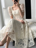 Nukty Vintage Fairycore Lace Long Dress Women Princess Sleeve Square Collar Dresses Elegant Beige Solid Evening Party Prom Vestidos