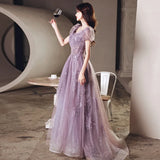 Nukty Purple Tulle Evening Dress Women V-neck Bubble Sleeve Applique Cocktail Dresses Elegant Classic A-line Floor Length Prom Gown