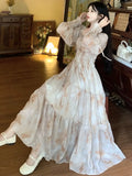 Nukty Elegant Long Sleeve Print Dress for Women Square Collar Princess Evening Dresses Femme One Piece Casual Vestido Mujer Autumn New