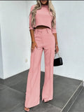 Nukty Elegant Women Letter Print Two Piece Sets Autumn O Neck Short Top & Wide Leg Pants Outfits Office Lady Casual Streetwear Suits